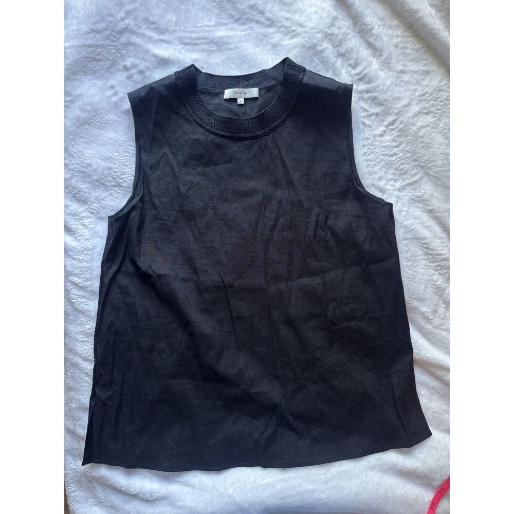 Vince Womens S Black Linen Blend Sleeveless Crew Neck Tank Top